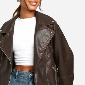 Boohoo Brown Faux Leather Moto Jacket